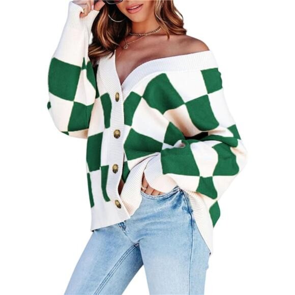 New With Tags Sweaters - NEW Womens Plaid V Neck Button Down Long Sleeve Cable Knit Oversized Cardigan